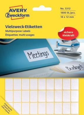 Avery Zweckform® 3312 Universal-Etiketten - 18 x 12 mm, weiß, 1.800 Etiketten/25 Blat