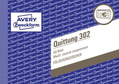 Avery Zweckform® 302 302 Quittung MwSt. separat ausgewiesen - A6 quer, MP, fälschungs
