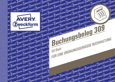 Avery Zweckform® 309 309 Buchungsbeleg, DIN A6 quer, mikroperforiert, 50 Blatt, weiß