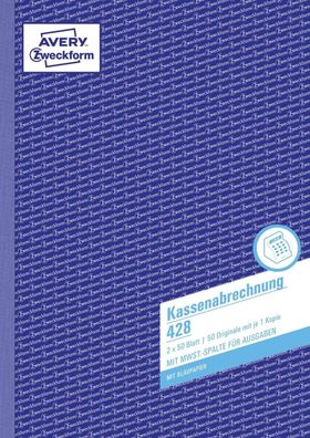 Avery Zweckform® 428 428 Kassenabrechnung, DIN A4, mit MwSt.-Spalte, 2 x 50 Blatt, we