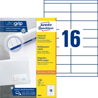 Avery Zweckform® 3665 3665 Universal-Etiketten - 105 x 33,8 mm, weiß, 1.600 Etiketten