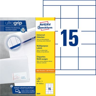 Avery Zweckform® 3669 Universal-Etiketten ultragrip - 70 x 50,8 mm, weiß, 1.500 Etike