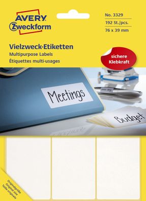 Avery Zweckform® 3329 Universal-Etiketten - 76 x 39 mm, weiß, 192 Etiketten/32 Blatt,