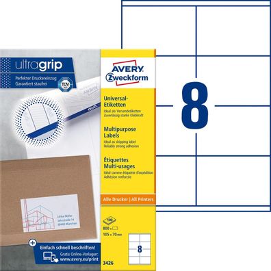 Avery Zweckform® 3426 Universal-Etiketten ultragrip - 105 x 70 mm, weiß, 800 Etikette