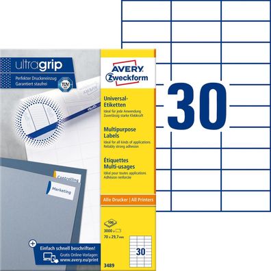 Avery Zweckform® 3489 3489 Universal-Etiketten ultragrip - 70 x 29,7 mm, weiß, 3.000