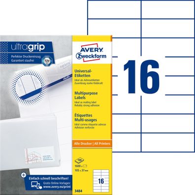 Avery Zweckform® 3484 3484 Universal-Etiketten ultragrip - 105 x 37 mm, weiß, 1.600 E