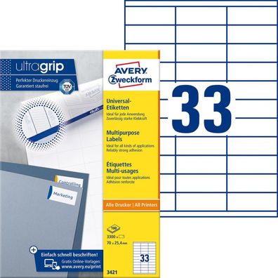Avery Zweckform® 3421 3421 Universal-Etiketten ultragrip - 70 x 25,4 mm, weiß, 3.300