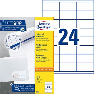 Avery Zweckform® 3422 3422 Universal-Etiketten ultragrip - 70 x 35 mm, weiß, 2.400 Et
