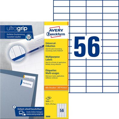 Avery Zweckform® 3668 3668 Universal-Etiketten ultragrip - 52,5 x 21,2 mm, weiß, 5.60