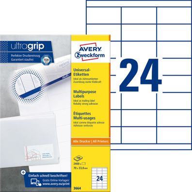 Avery Zweckform® 3664 3664 Universal-Etiketten - 70 x 33,8 mm, weiß, 2.400 Etiketten