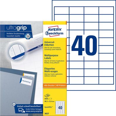 Avery Zweckform® 3657 3657 Universal-Etiketten ultragrip - 48,5 x 25,4 mm, weiß, 4.00
