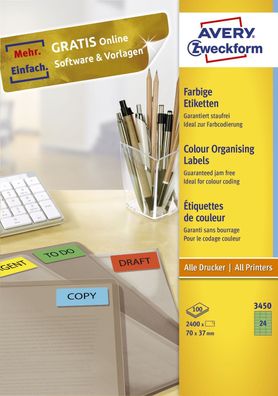 Avery Zweckform® 3450 3450 Etiketten - 70 x 37 mm, grün, 2.400 Etiketten/100 Blatt, p