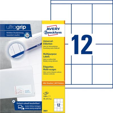Avery Zweckform® 3661 3661 Universal-Etiketten ultragrip - 70 x 67,7 mm, weiß, 1.200