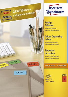 Avery Zweckform® 3456 3456 Etiketten - 105 x 148 mm, rot, 400 Etiketten/100 Blatt, pe