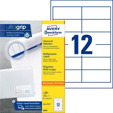 Avery Zweckform® 3659 3659 Universal-Etiketten ultragrip - 97 x 42,3 mm, weiß, 1.200
