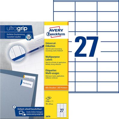 Avery Zweckform® 3479 3479 Universal-Etiketten ultragrip - 70 x 32 mm, weiß, 2.700 Et