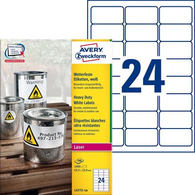 Avery Zweckform® L4773-100 L4773-100 Folienetiketten - 63,5 x 33,9 mm, weiß, 2400 Eti