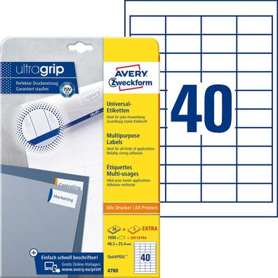 Avery Zweckform® 4780 Universal-Etiketten ultragrip - 48,5 x 25,4 mm, weiß, 1.200 Eti