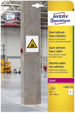 Avery Zweckform® L7876-20Papier-Etiketten - A4, 80 Stück, 105 x 148 mm, stark haftend