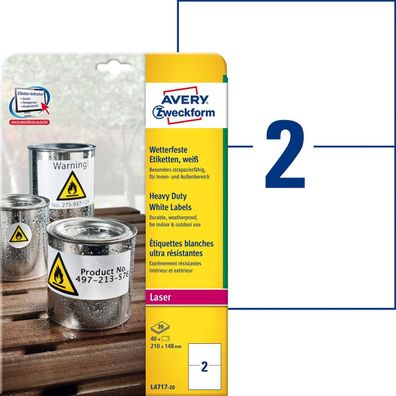 Avery Zweckform® L4717-20 L4717-20 Folienetiketten - 210 x 148 mm, weiß, 40 Etiketten
