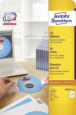 Avery Zweckform® L6015-25 CD-Etiketten, Ø 117 mm, 25 Blatt/50 Etiketten, weiß
