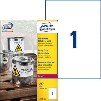 Avery Zweckform® L4775-100 L4775-100 Folienetiketten - 210 x 297 mm, weiß, 100 Etiket