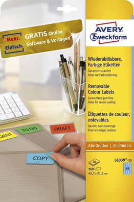 Avery Zweckform® L6039-20 L6039-20 Etiketten - 45,7 x 21,2 mm, blau, 960 Etiketten/20