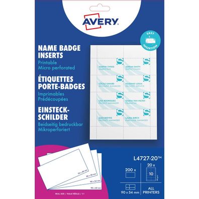 AVERY Inserts imprimables pour badges, 54 x 90 mm, blanc