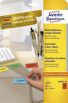 Avery Zweckform® L6034-20 Etiketten - 63,5 x 33,9 mm, rot, 480 Etiketten/20 Blatt, wi