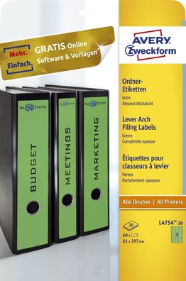 Avery Zweckform® L4754-20 Ordner-Etiketten - breit/lang, (A4 - 20 Blatt) 60 Stück, gr