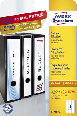 Avery Zweckform® L4758-25 Ordner-Etiketten, 38 x 297 mm, schmale Ordner (lang), 30 Bo