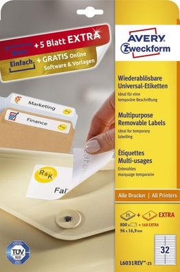 Avery Zweckform® L6031REV-25 Universal-Etiketten, 96 x 16,9 mm, 30 Bogen/960 Etikette