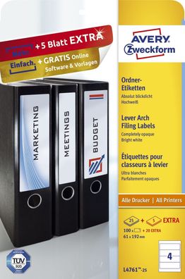 Avery Zweckform® L4761-25 Ordner-Etiketten, 61 x 192 mm, breite/kurz, 120 Etiketten,