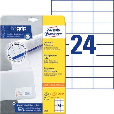 Avery Zweckform® 6173 6173 Universal-Etiketten ultragrip - 70 x 37 mm, weiß, 720 Etik