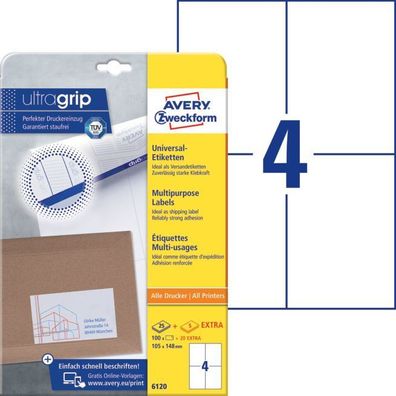 Avery Zweckform® 6120 6120 Universal-Etiketten ultragrip - 105 x 148 mm, weiß, 120 Et