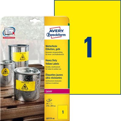 Avery Zweckform® L6111-20 L4775-20 Folienetiketten - 210 x 297 mm, gelb, 20 Etiketten