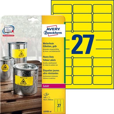 Avery Zweckform® L6105-20 L6105-20 Folienetiketten - 63,5 x 29,6 mm, gelb, 540 Etiket
