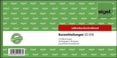 SIGEL SD008 Kurzmitteilungen - 1/3 A4 quer, 1. und 2. Blatt bedruckt, SD, MP, 2 x 40