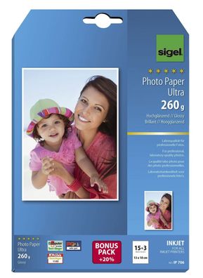 Sigel® IP706 Inkjet Fotopapier Ultra - 13x18 cm, hochglänzend, 260 g/qm, 18 Blatt