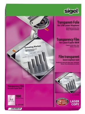 Sigel® LF419 Overhead-Folien für S/W-Laser/-Kopierer, transparent, 100 mym, A4, 100 B