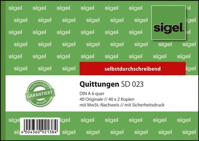 SIGEL SD023 Quittungen mit Sicherheitsdruck - A6 quer, 1. und 2. Blatt bedruckt, SD,
