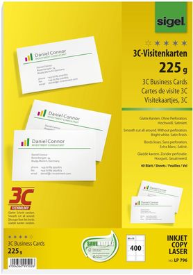 SIGEL LP796 Visitenkarten, 3C, glatter Schnitt rundum, 225 g/qm, hochweiß, 400 Stück