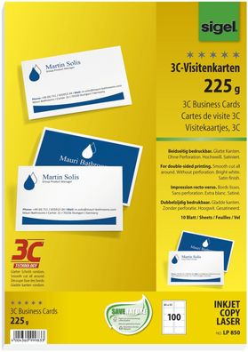 SIGEL LP850 Visitenkarten, 3C, glatter Schnitt rundum, 225 g/qm, hochweiß, 100 Stück