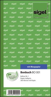 SIGEL BO001 Bonbuch - Kellner-Nr. 1 , 360 Abrisse, BL, hellgrün, 105x200 mm, 2 x 60 B