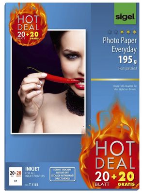 SIGEL T1155 InkJet-Everyday Photo-Papier - A4, hochglänzend, 195 g/qm, 20 + 20 Blatt