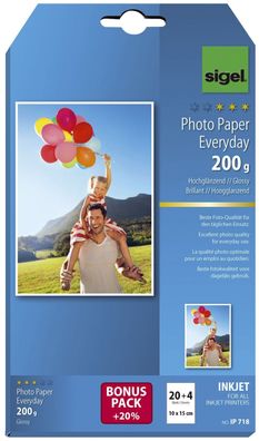 Sigel® IP718 Inkjet Fotopapier Everyday - 10x15 cm, hochglänzend, 200 g/qm, 24 Blatt