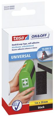 tesa® 55224-00000-02 On & Off Klettband - 1 m x 20 mm, schwarz, selbstklebend