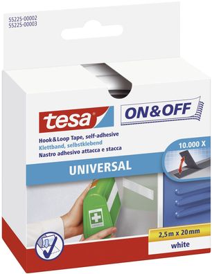 tesa 55225-00002-01 On- & Off-Klettklebeband zum Aufkleben, 2,5m x 20mm, weiß