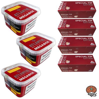 Atlantic Red Volumentabak Megabox 3x 150g, Gizeh Special Tip Extra Hülsen