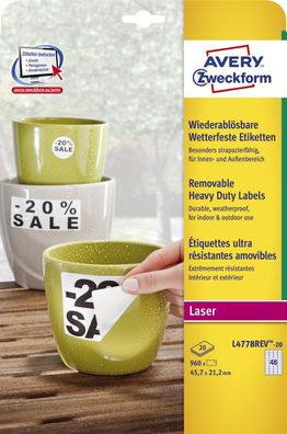 Avery Zweckform® L4778REV-20 L4778REV-20 Wetterfeste Etiketten (A4, 960 Stück, ablösb